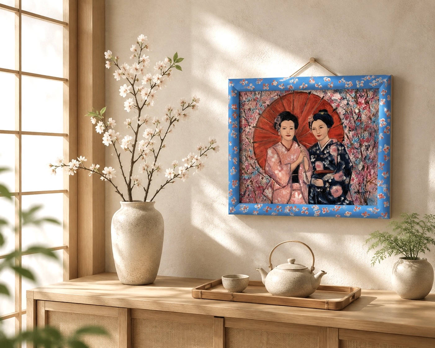 Geishas in a Blossoming Sakura Garden displayed in a light Japanese-inspired interior